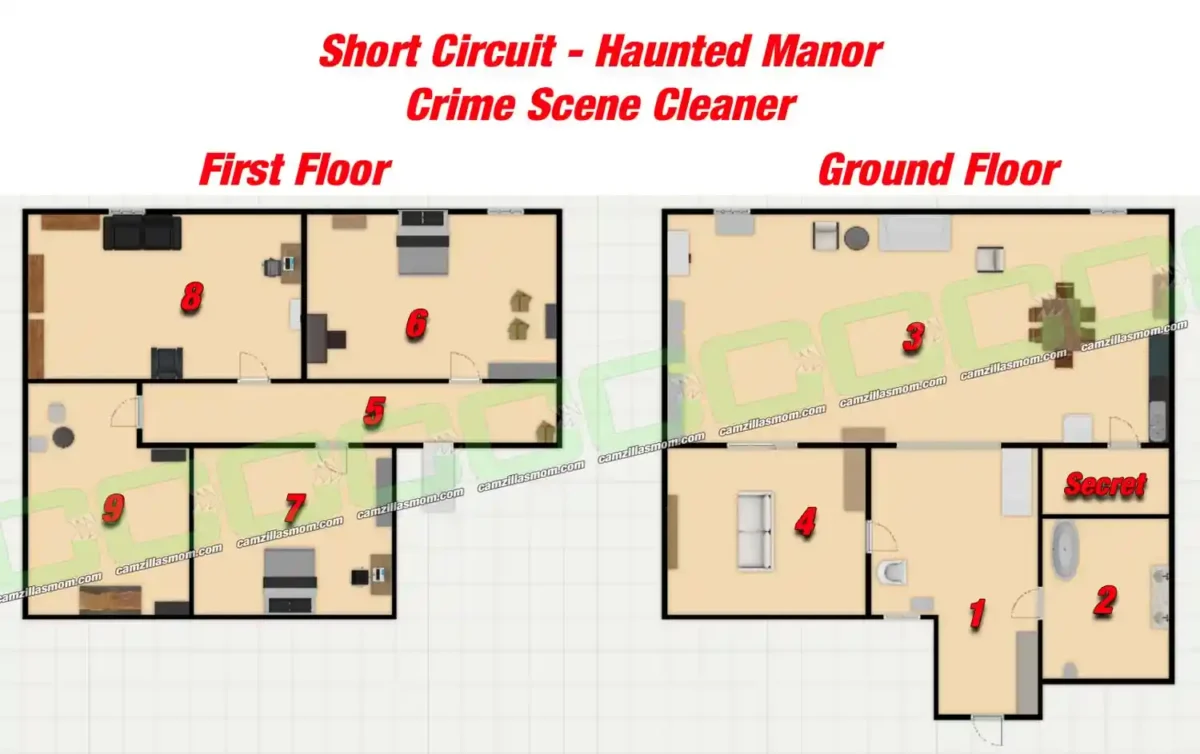  Overview Map of Haunted Manor Short Circuit Crime Scene Cleaner 2024 | camzillasmomcom