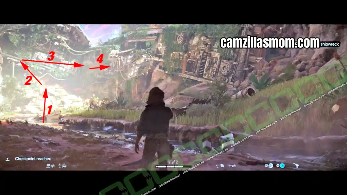 12-first-stage-climb-the-wreck-quest-star-wars-outlaws Numbered climbing route up the outside of the old shipwreck in Star Wars Outlaws The Wreck