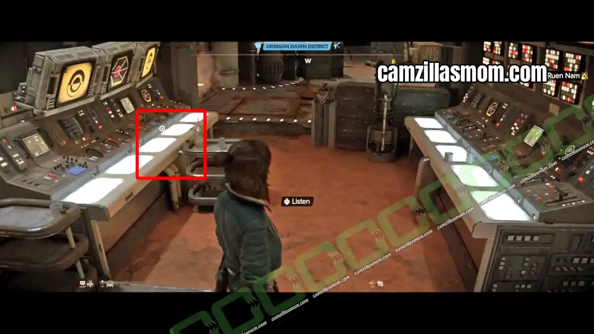 2-start-location-intel-eavesdropping-quest-star-wars-outlaws Kay eavesdropping at the terminal near the landing pad in the Crimson Dawn District of Mirogana for the Eavesdropping intel in Star Wars Outlaws