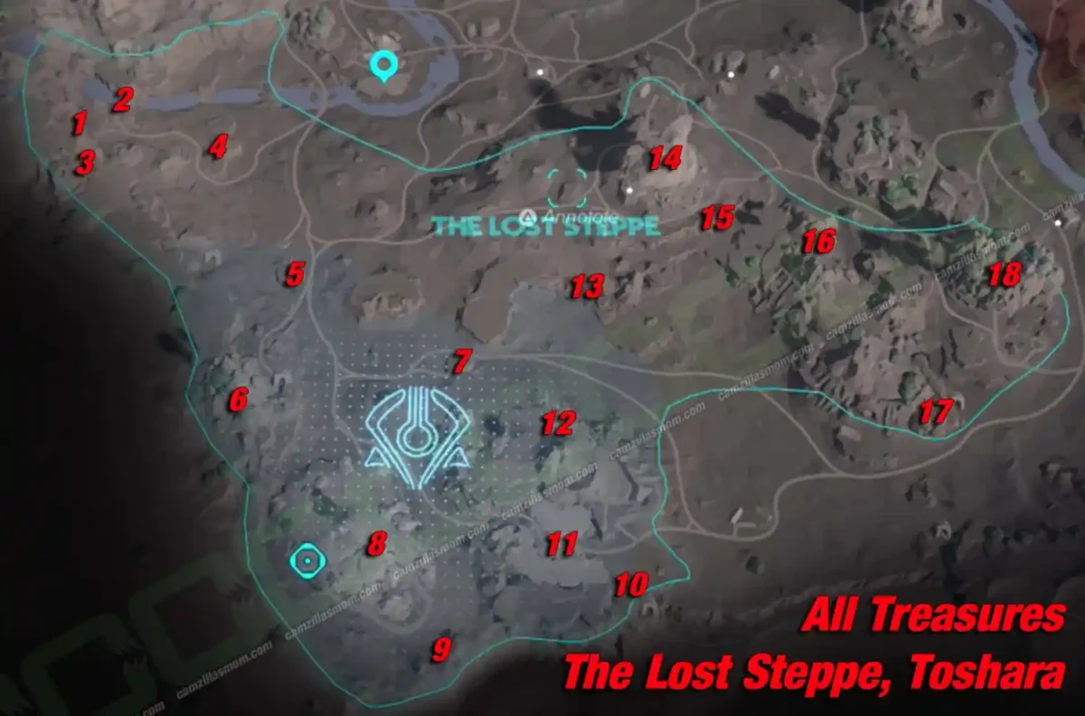Overview map of all 18 numbered treasure locations in The Lost Steppe on Toshara in Star Wars Outlaws