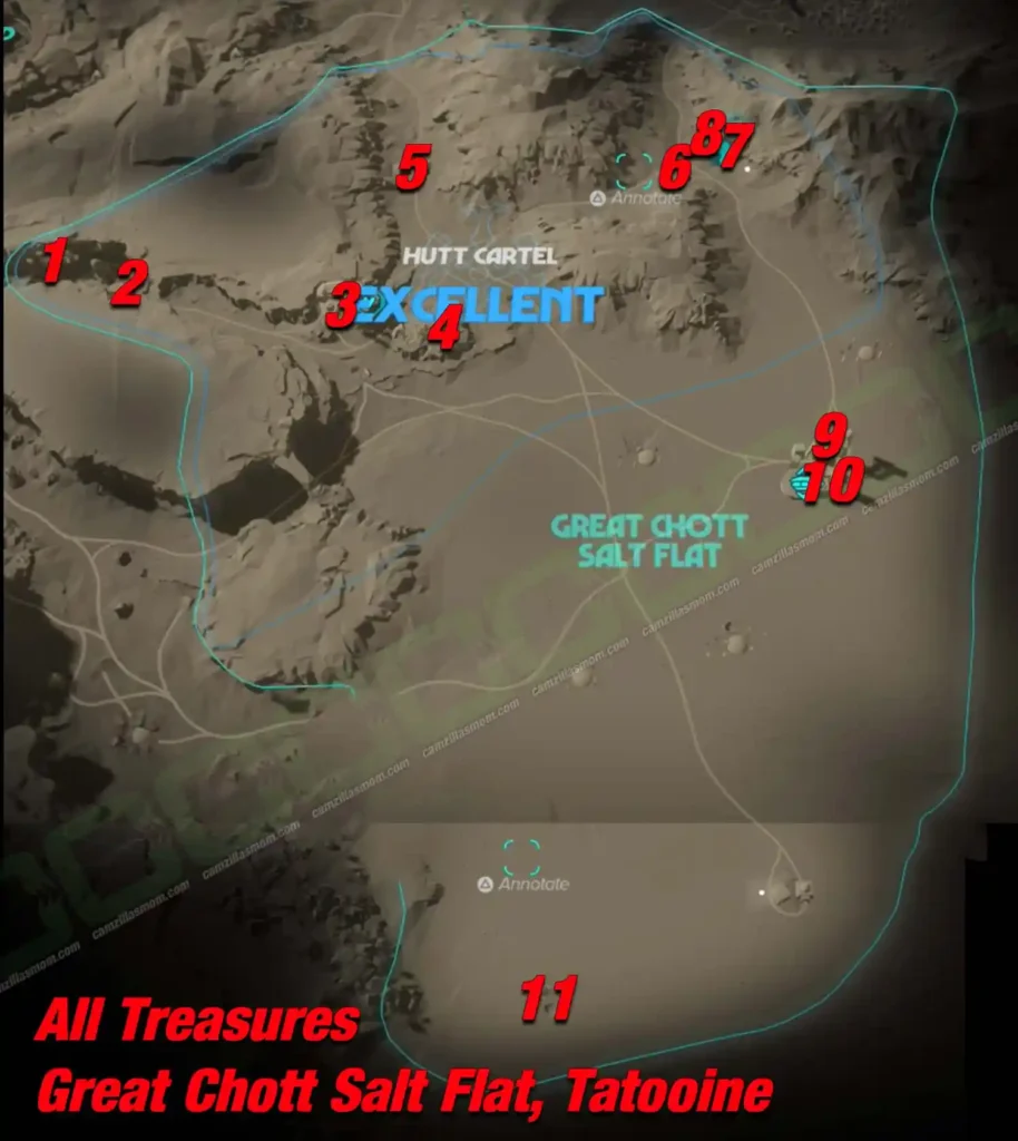 Great Chott Salt Flat treasure overview map on Tatooine in Star Wars Outlaws with all 11 locations numbered