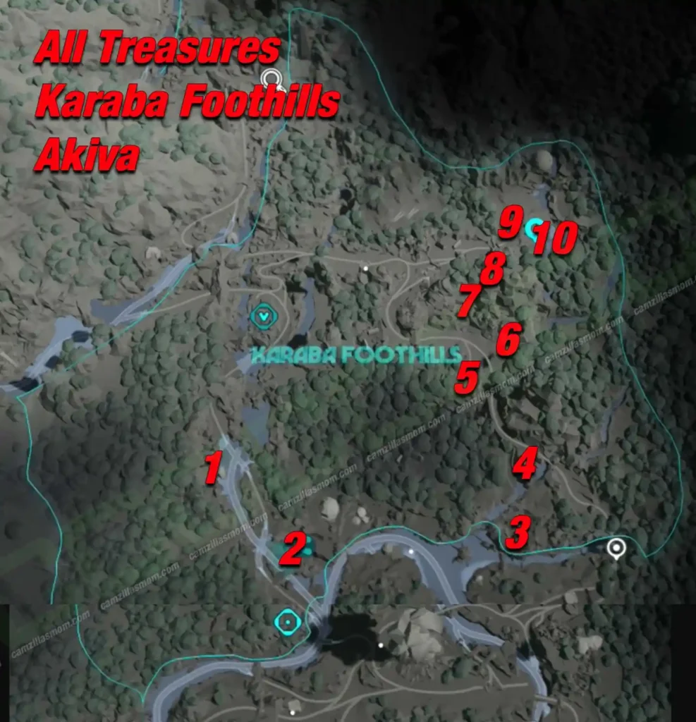 Karaba Foothills treasure overview map on Akiva in Star Wars Outlaws with all 10 locations numbered
