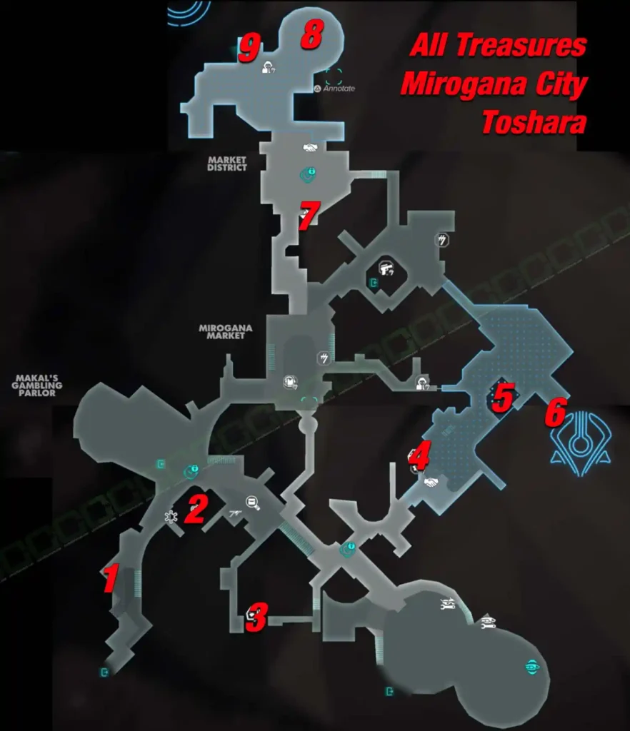 Overview map of all 9 numbered treasure locations in Mirogana City on Toshara in Star Wars Outlaws