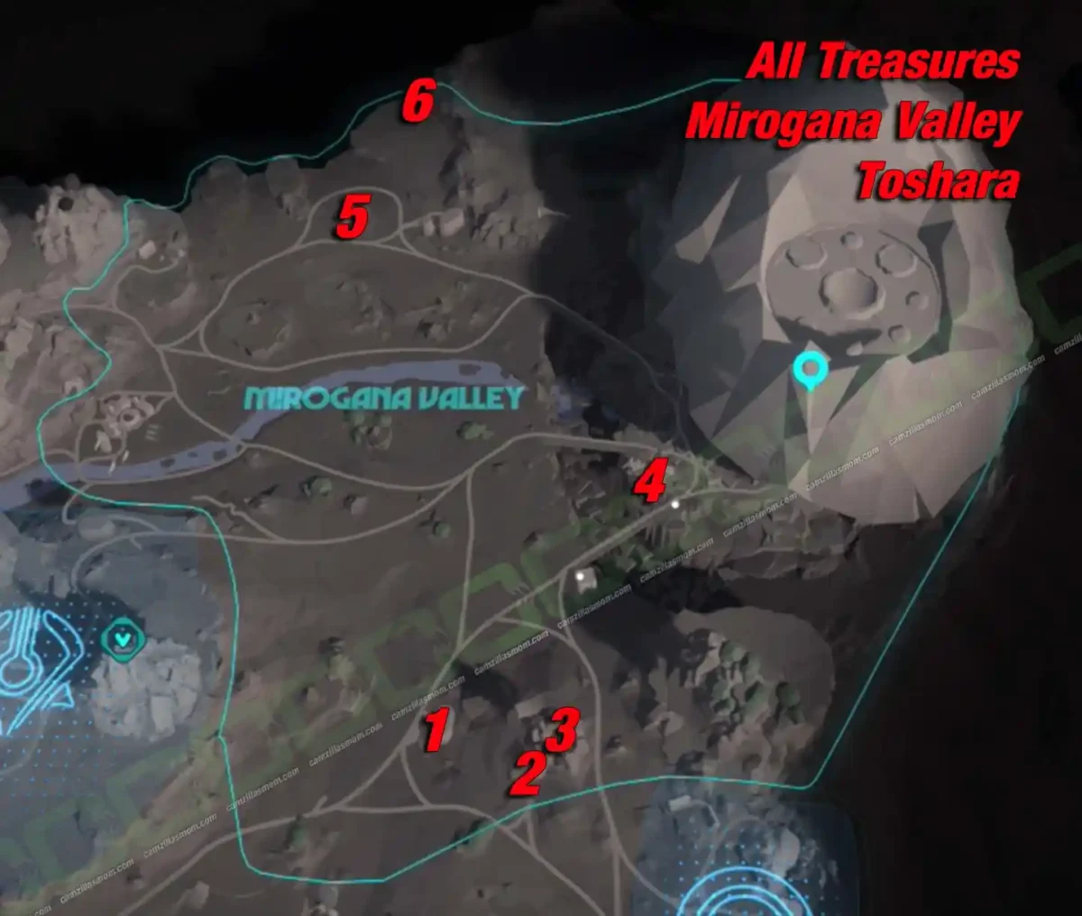 Overview map of all 6 numbered treasure locations in Mirogana Valley on Toshara in Star Wars Outlaws