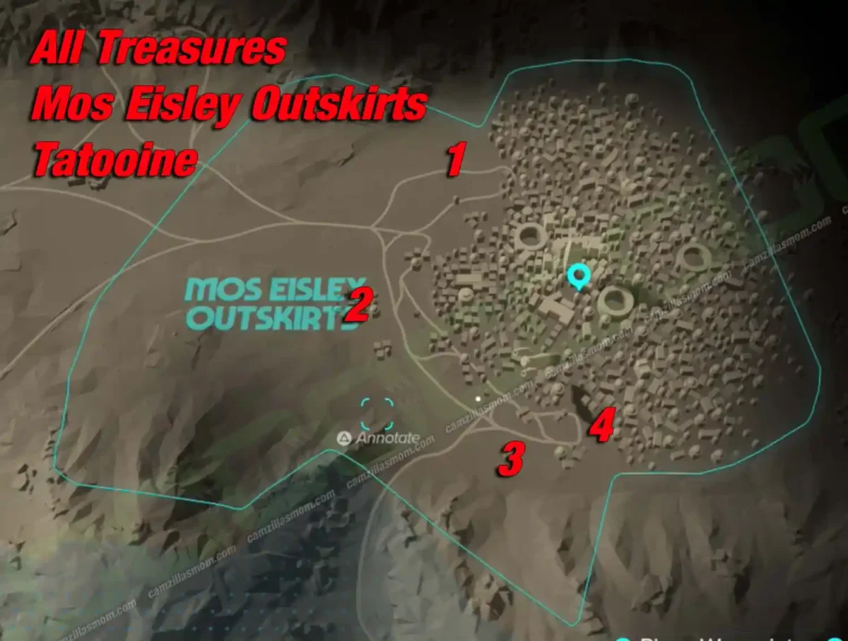 Mos Eisley Outskirts treasure overview map on Tatooine in Star Wars Outlaws with all 4 locations numbered