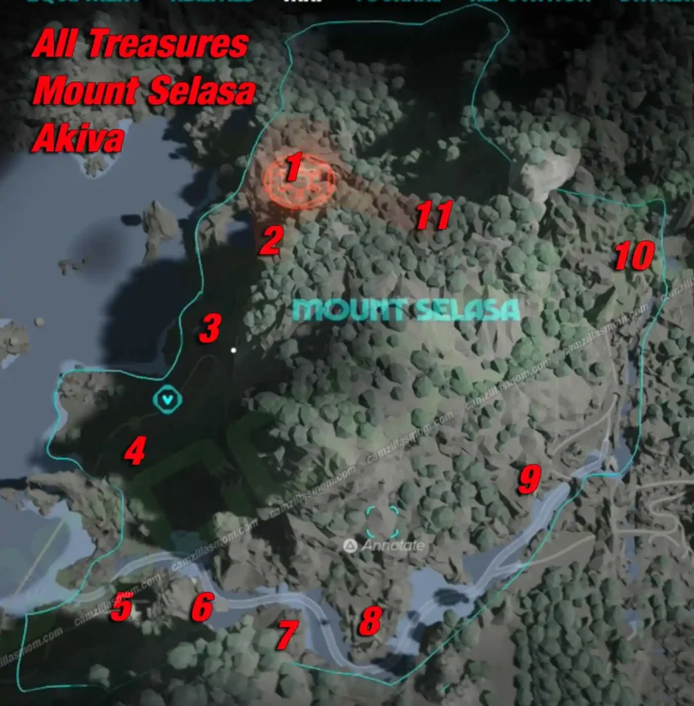 Mount Selasa treasure overview map on Akiva in Star Wars Outlaws with all 11 locations numbered
