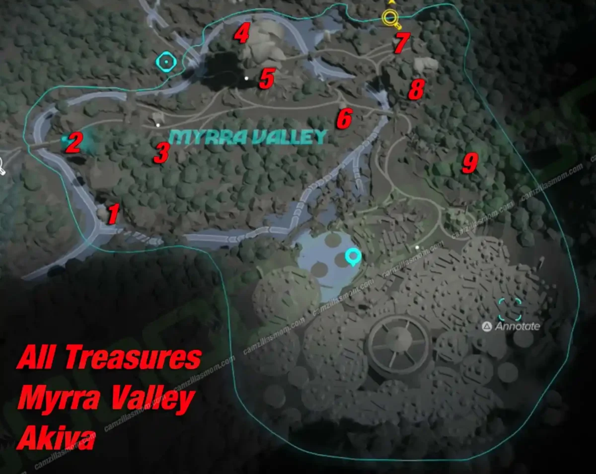 all-treasures-overview-map-myrra-valley-treasures-star-wars-outlaws Myrra Valley treasure overview map on Akiva in Star Wars Outlaws with all 11 locations numbered
