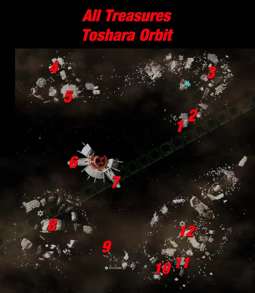 Toshara Orbit treasure overview map in Star Wars Outlaws with all 15 locations numbered