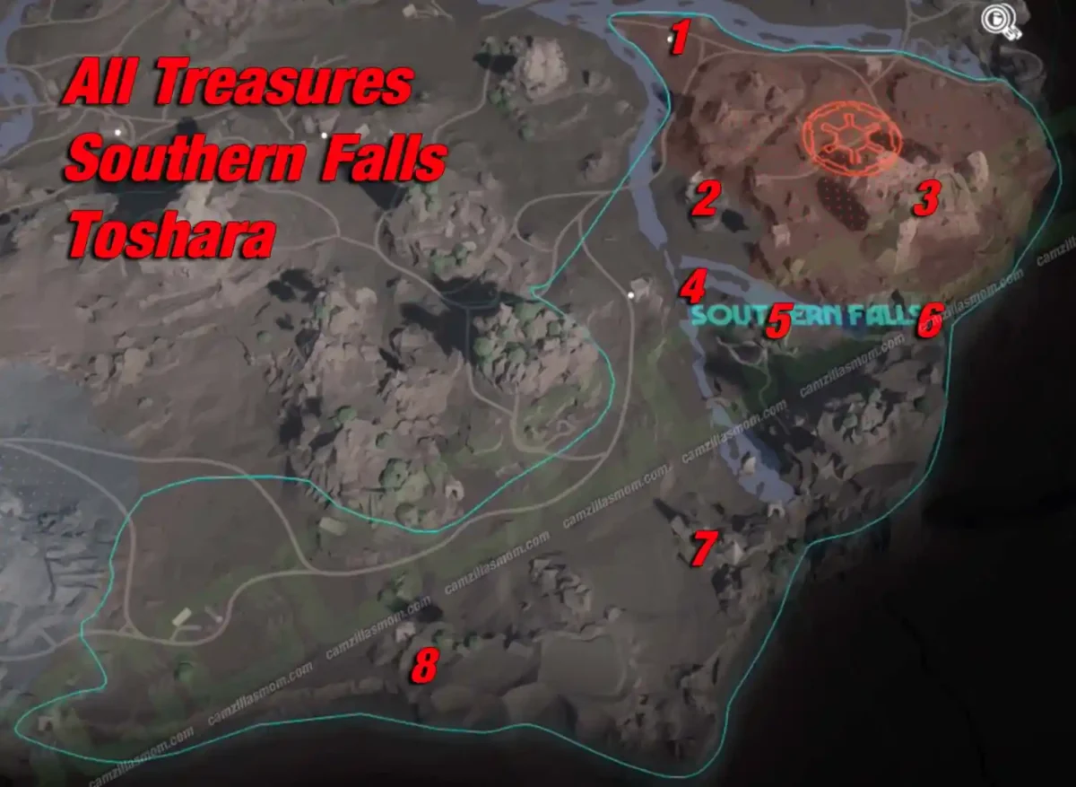 Overview map of all 8 numbered treasure locations in Southern Falls on Toshara in Star Wars Outlaws