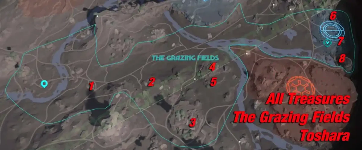 Overview map of all 8 numbered treasure locations in the Grazing Fields on Toshara in Star Wars Outlaws
