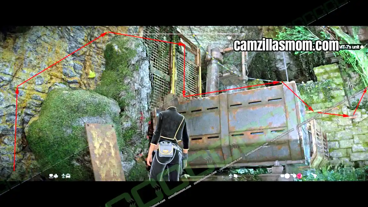 start-at-the-left-and-follow-the-arrows-to-the-right-the-veteran-main-quest-star-wars-outlaws Climbing route from the cargo area to the wall opening at the Abandoned Hideout in Star Wars Outlaws