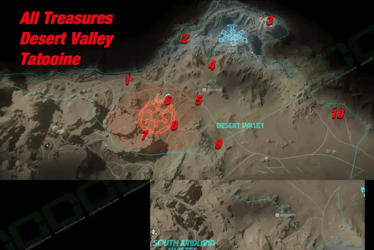 all-treasures-overview-map-desert-valley-treasures-star-wars-outlaws Desert Valley treasure overview map on Tatooine in Star Wars Outlaws with all 10 locations numbered