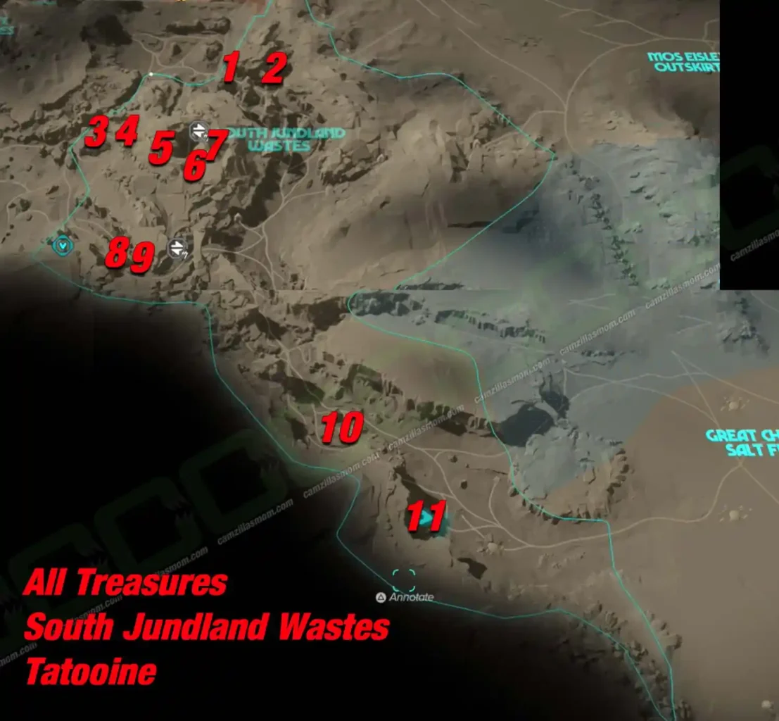 all-treasures-overview-map-south-jundland-wastes-treasures-star-wars-outlaws South Jundland Wastes treasure overview map on Tatooine in Star Wars Outlaws with all 11 locations numbered