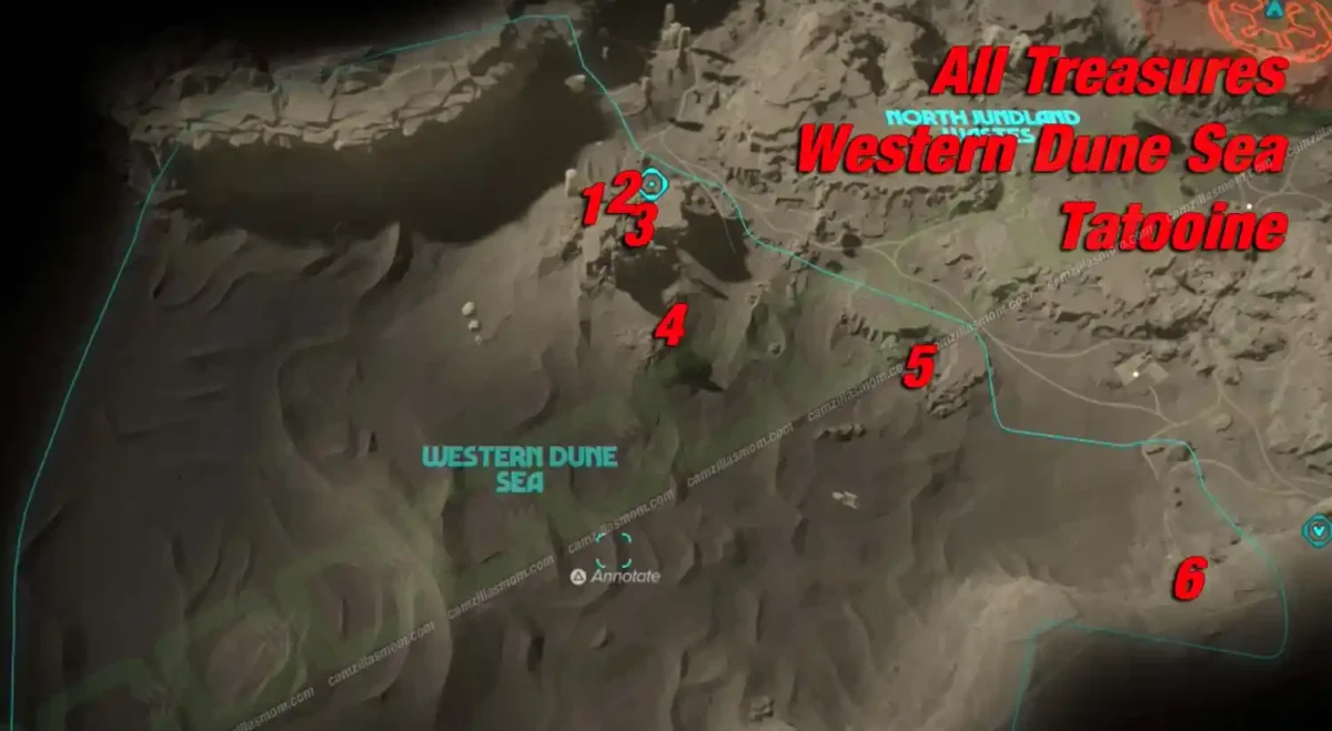 Western Dune Sea treasure overview map on Tatooine in Star Wars Outlaws with all 6 locations numbered
