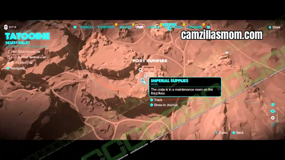 fort-sunfire-supply-room-map-desert-valley-treasures-star-wars-outlaws Fort Sunfire AT-ST garage treasure on the Desert Valley map