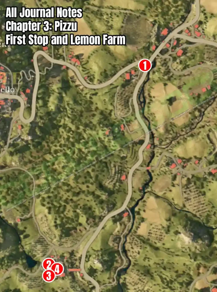 An overview map showing all the Journal Notes collectibles locations  at the first stop in Chapter 3 Pizzu of Mafia The Old Country