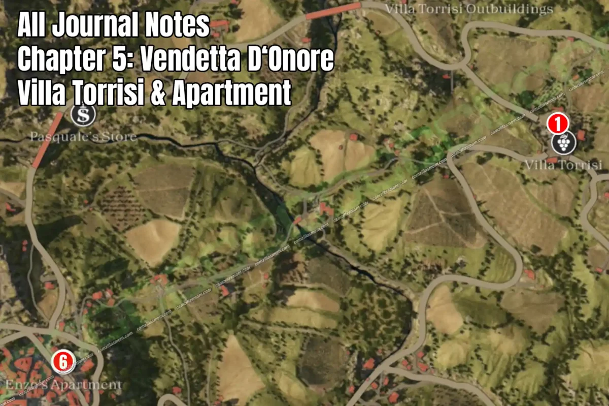 An overview map showing all the Journal Notes collectibles locations  at Villa Torrisi and the Apartment in Chapter 5 Vendetta D'Onore of Mafia: The Old Country.