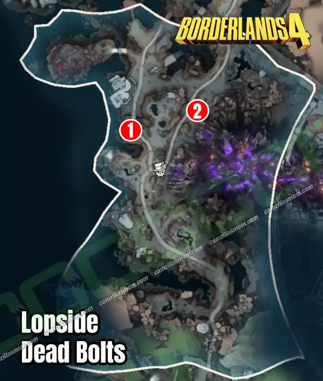 Dead Bolts - Overview Map - Lopside - Borderlands 4 › camzillasmom.com Overview map showing the location of the two Dead Bolt collectibles in the Lopside region of Borderlands 4