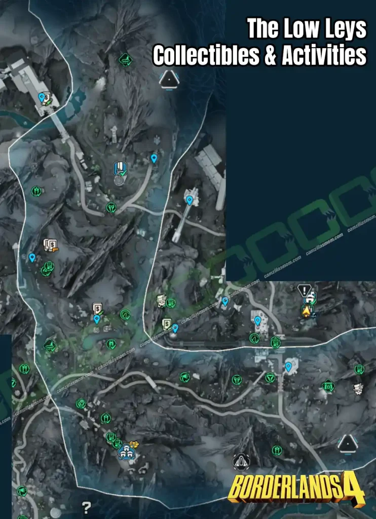 All Collectibles and Activities overview map in the Low Leys Terminus Range region in Borderlands 4