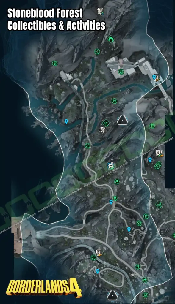 All Collectibles and Activities overview map in the Stoneblood Forest Terminus Range region in Borderlands 4