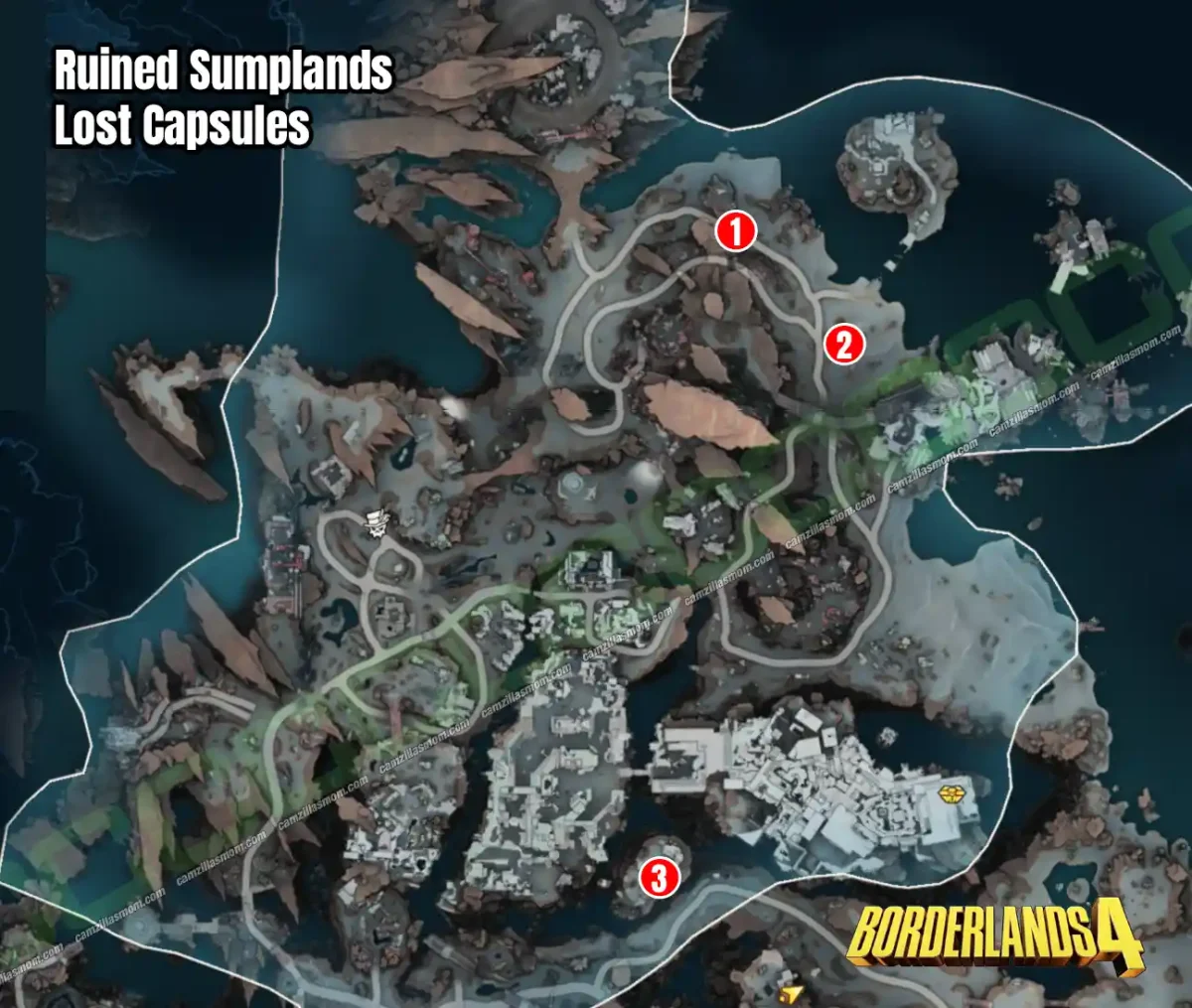 Overview map showing the location of all three Lost Capsule collectibles in the Ruined Sumplands region of Borderlands 4