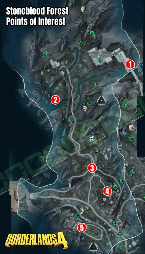 All Points of Interest overview map in the Stoneblood Forest Terminus Range region in Borderlands 4