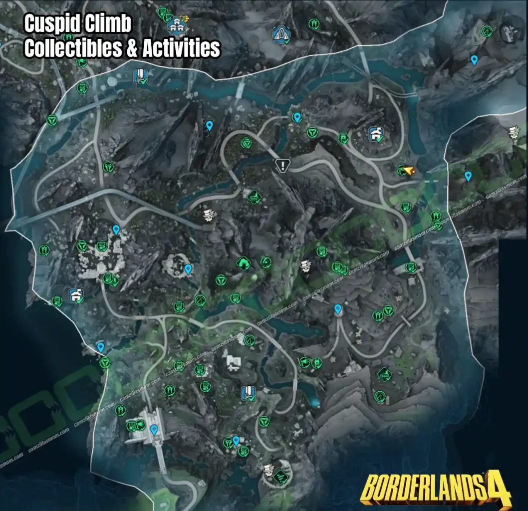 All Collectibles and Activities overview map at Cuspid Climb Terminus Range region in Borderlands 4