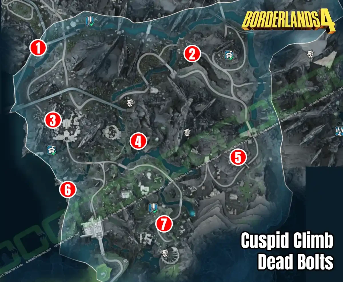 Overview map showing the location of all 7 Dead Bolt collectibles in the Cuspid Climb region of Borderlands 4
