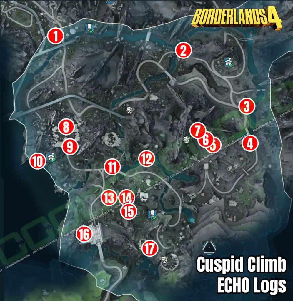 Overview map showing the location of all 17 ECHO Log collectibles in the Cuspid Climb region of Borderlands 4