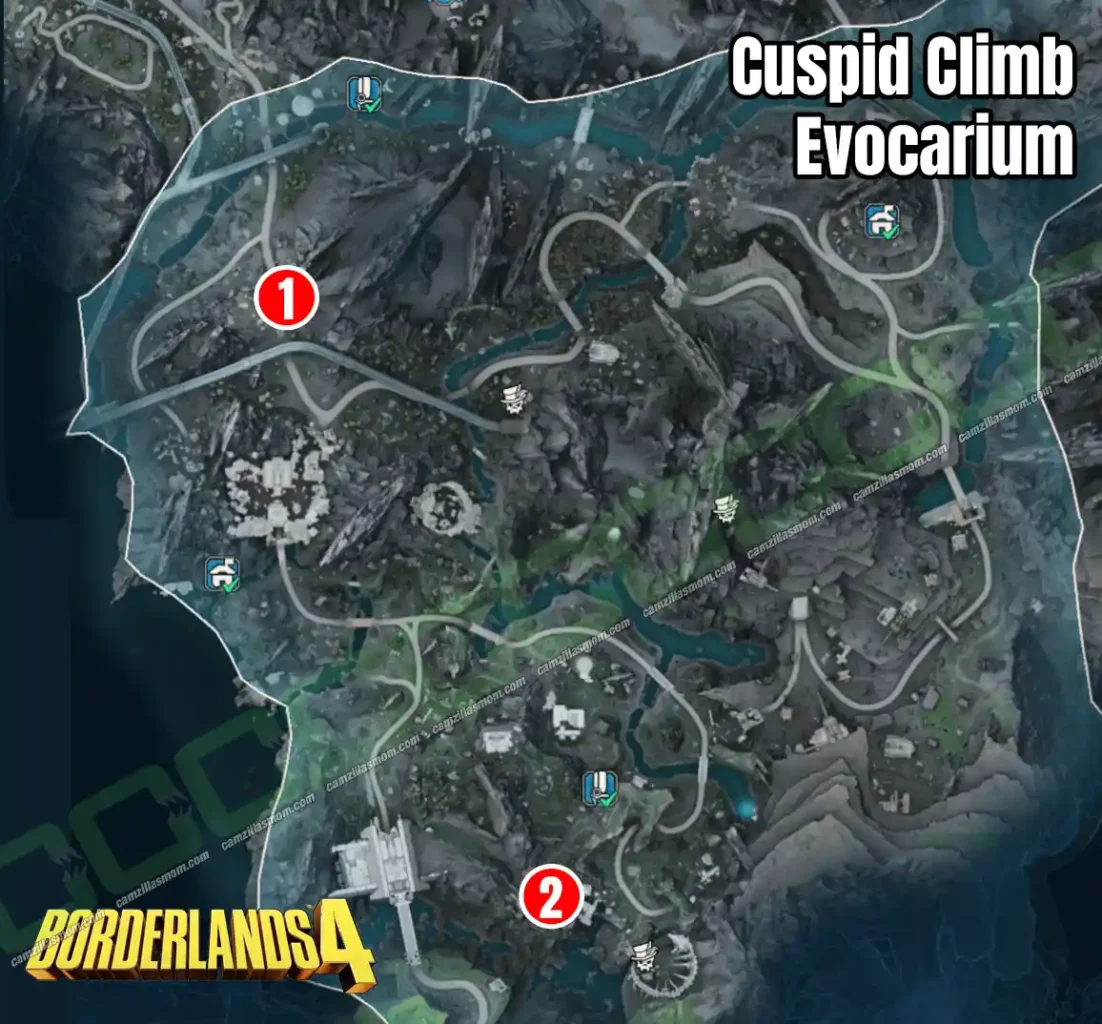 Overview map showing the location of the two Evocarium collectibles in the Cuspid Climb region of Borderlands 4