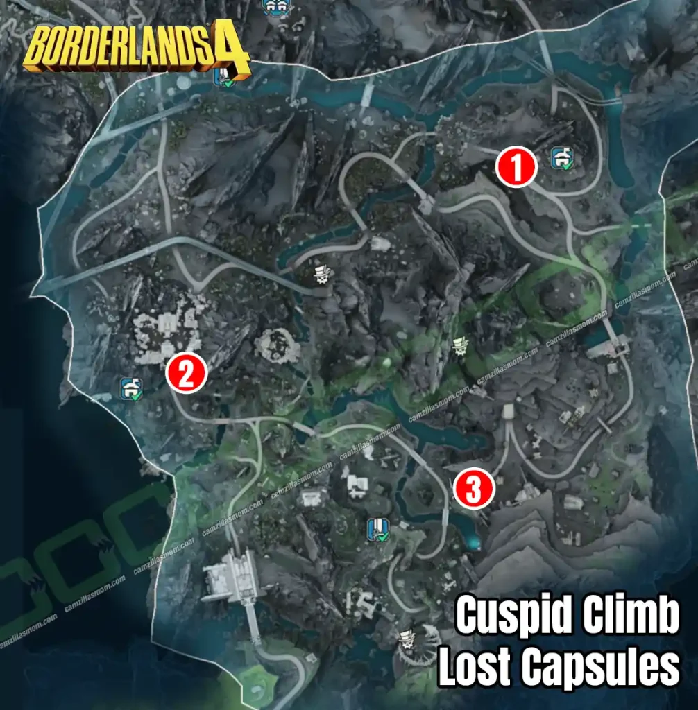 Overview map showing the location of all 3 Lost Capsule collectibles in the Cuspid Climb region of Borderlands 4