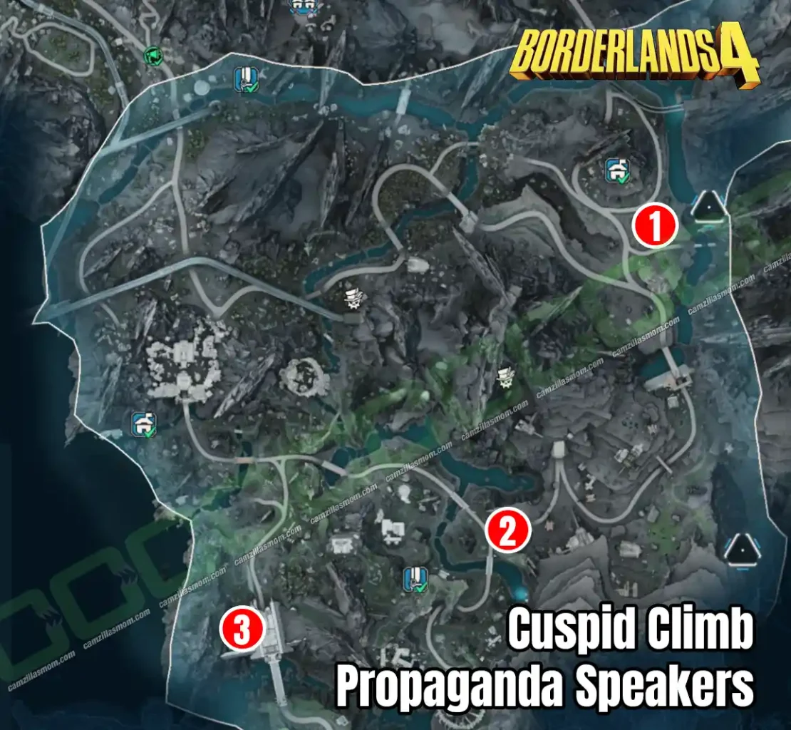 Overview map showing the location of all 3 Propaganda Speaker collectibles in the Cuspid Climb region of Borderlands 4