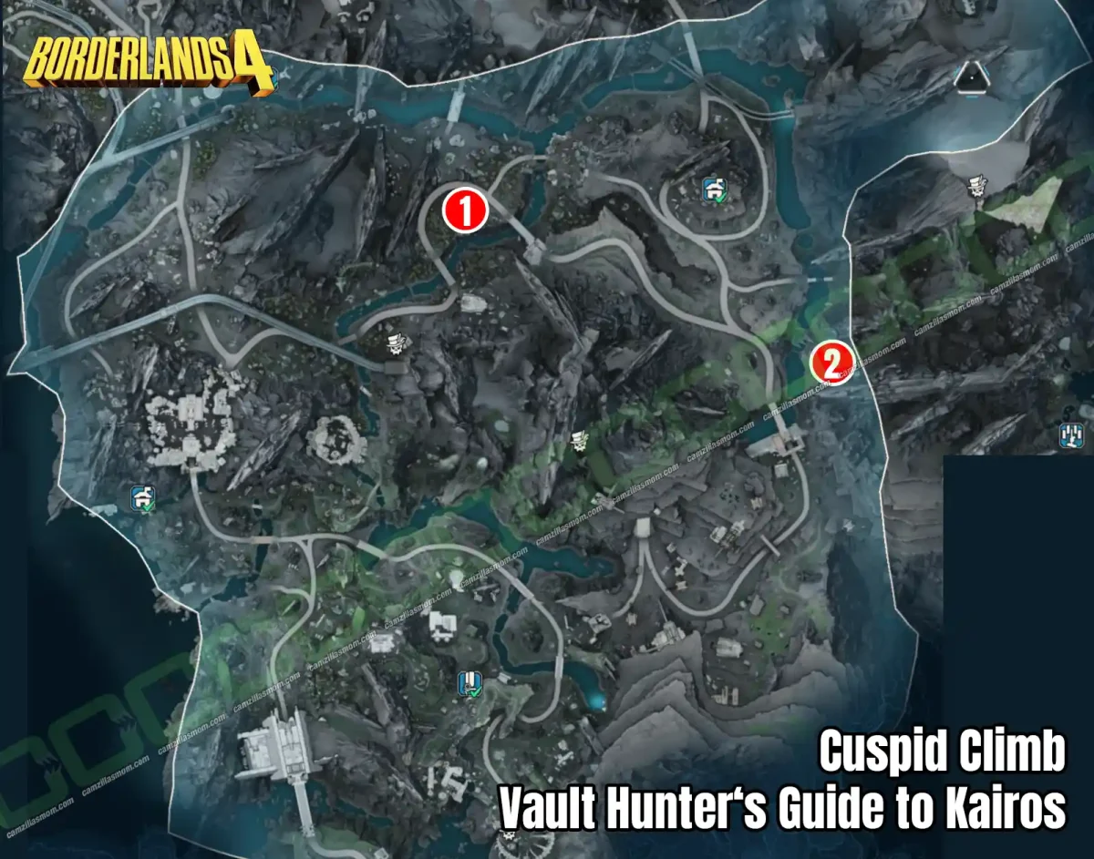 Overview map showing the location of the two Vault Hunter's Guide to Kairos collectibles in the Cuspid Climb region of Borderlands 4.