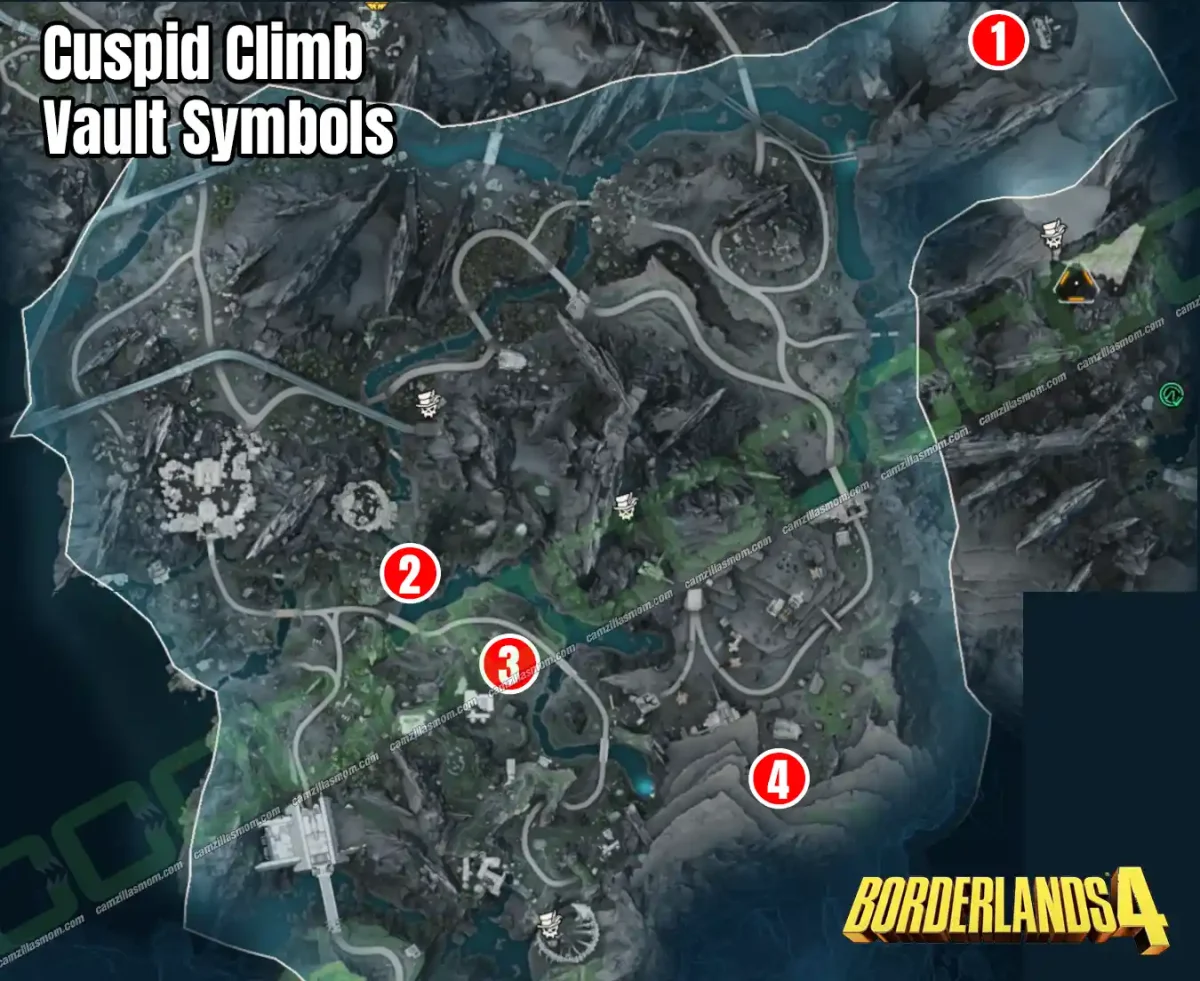 Overview map showing the location of all 4 Vault Symbols in the Cuspid Climb region of Borderlands 4