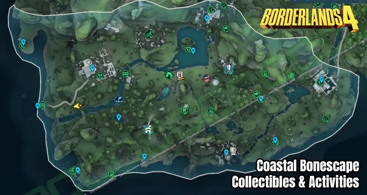Coastal Bonescape - All Collectibles Activities Overview Map - Borderlands 4 › camzillasmom.com All Collectibles and Activities overview map at Coastal Bonescape The Fadefields region in Borderlands 4