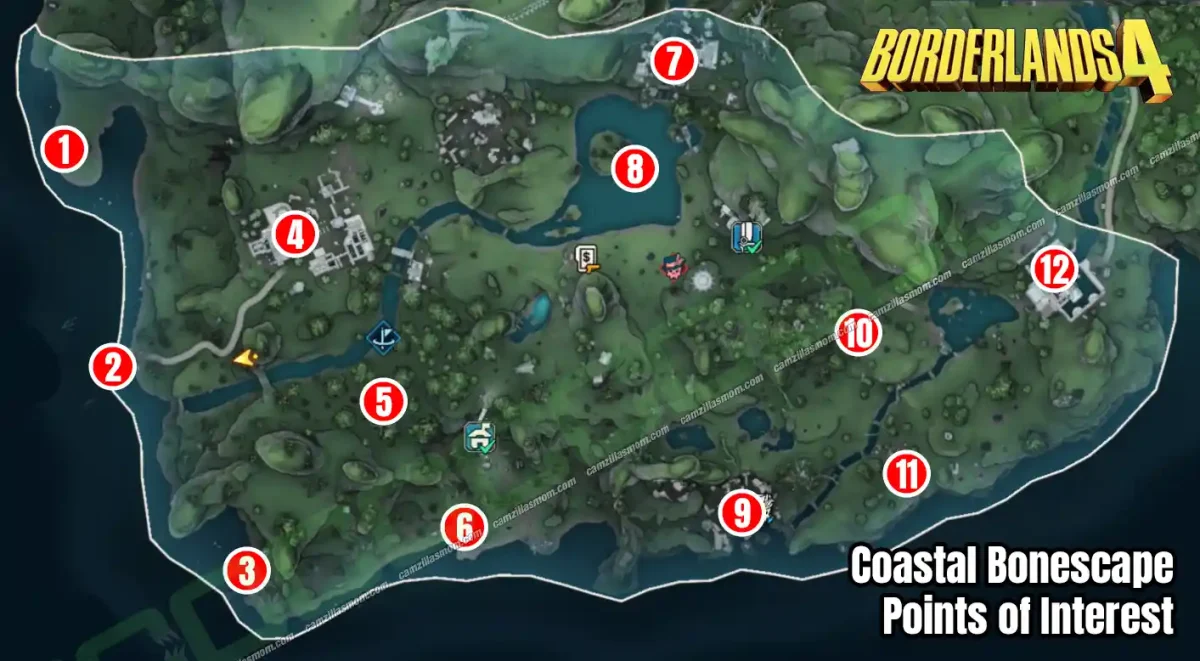 Coastal Bonescape - Points of Interest Overview Map - Borderlands 4 › camzillasmom.com All Points of Interest overview map at Coastal Bonescape The Fadefields region in Borderlands 4