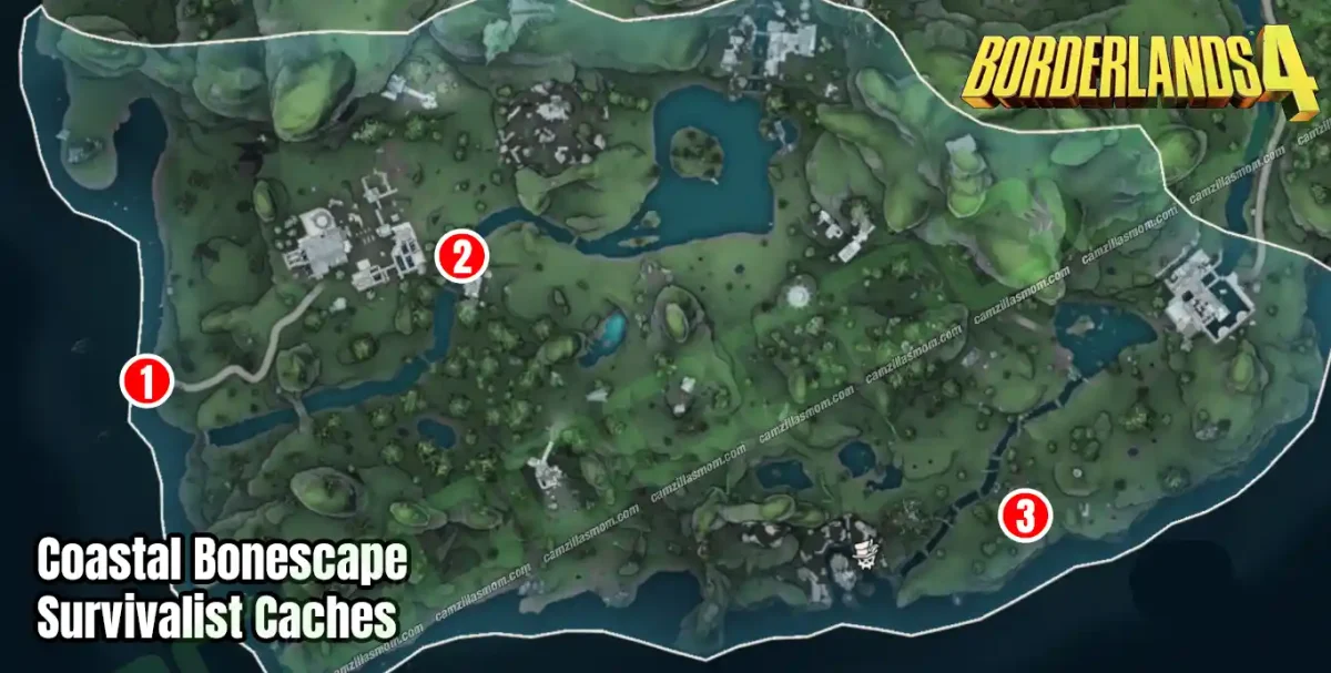 Coastal Bonescape - Survivalist Caches Overview Map - Borderlands 4 › camzillasmom.com Overview map showing the location of all three Survivalist Cache collectibles at the Coastal Bonescape region of Borderlands 4