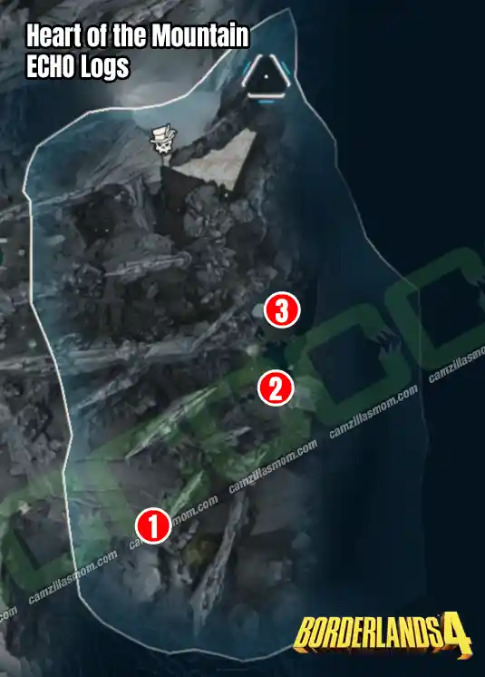 ECHO Logs- Overview Map - Heart of the Mountain - Borderlands 4 › camzillasmom.com Overview map showing the location of all 3 ECHO Log collectibles in the Heart of the Mountain region of Borderlands 4