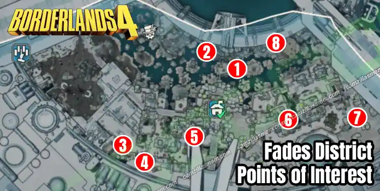 Fades District ECHO Logs - Overview Map - Borderlands 4 Overview map showing the location of all 8 ECHO Logs in the Fades District region of Borderlands 4.