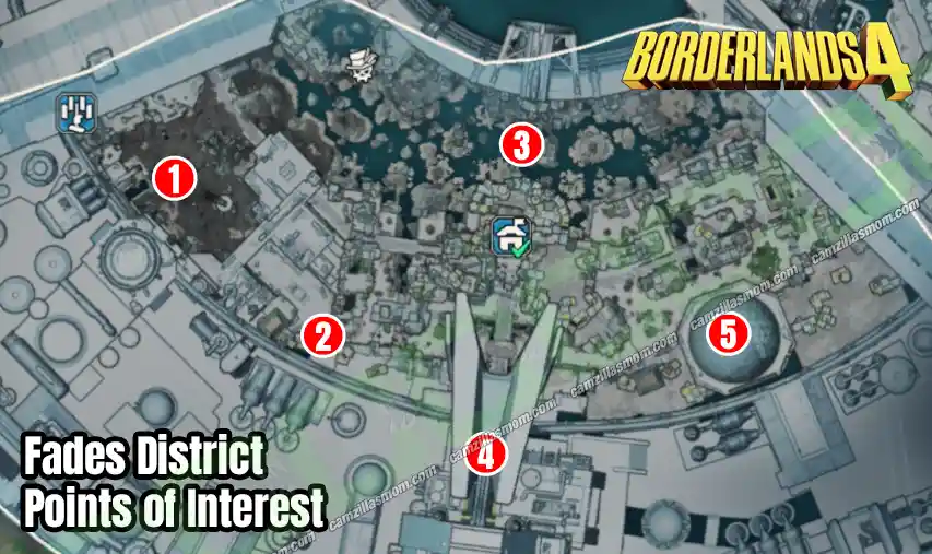 Fades District Points of Interest - Overview Map - Borderlands 4 All Points of Interest overview map of the Fades District region, the Dominion region in Borderlands 4.