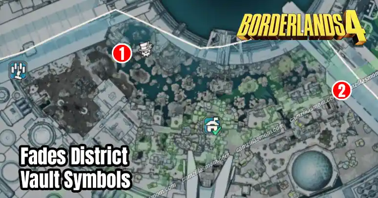 Fades District Vault Symbols - Overview Map - Borderlands 4 Overview map showing the location of the two Vault Symbol collectibles in the Fades District region of Borderlands 4.