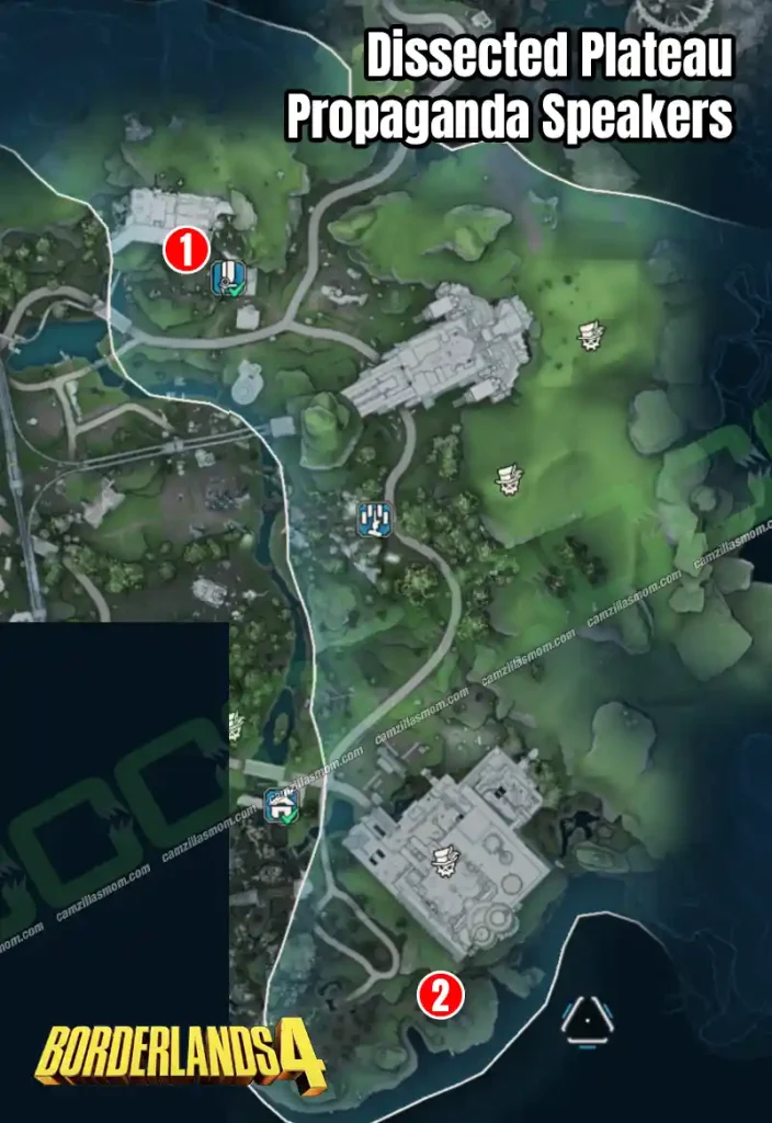 Overview map showing the location of the two Propaganda Speaker collectibles in the Dissected Plateau region of Borderlands 4