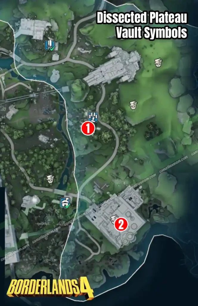 Overview map showing the location of the two Vault Symbol collectibles in the Dissected Plateau region of Borderlands 4
