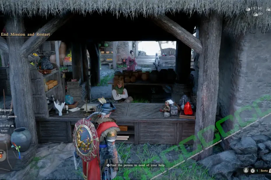 Player character in armor with shield stands in front of a wooden village market stall facing a vendor, RPG UI visible with mission text on left and bottom prompts.