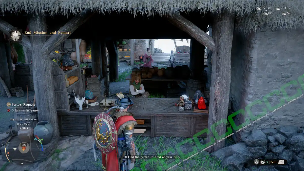 Player character in armor with shield stands in front of a wooden village market stall facing a vendor, RPG UI visible with mission text on left and bottom prompts. Bertos Request - location - Crimson Desert camzillasmom.com