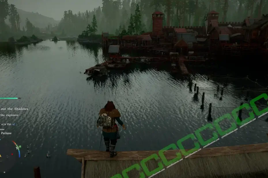 Third-person view: player character stands on a wooden platform overlooking a forested village by a calm river.
