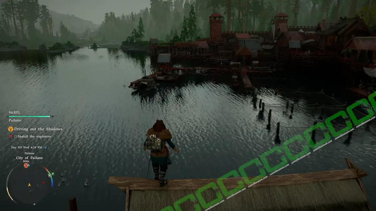 Third-person view: player character stands on a wooden platform overlooking a forested village by a calm river. Driving out the Shadows - Install Explosives Target - location - Crimson Desert camzillasmom.com