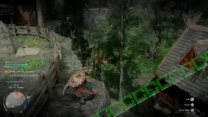 Character crouched on a rocky cliff edge with a round shield, overlooking dense forest and a wooden railing. Driving out the Shadows - Shane - location - Crimson Desert camzillasmom.com