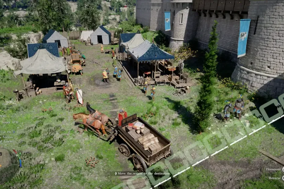 Aerial view of a medieval camp beside a stone fortress, with tents, villagers, and a horse-drawn wagon.