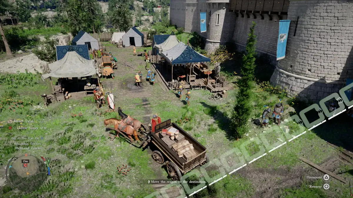 Aerial view of a medieval camp beside a stone fortress, with tents, villagers, and a horse-drawn wagon. Favorable Trade - Sweet Deal - Deliver Honey - location - Crimson Desert camzillasmom.com